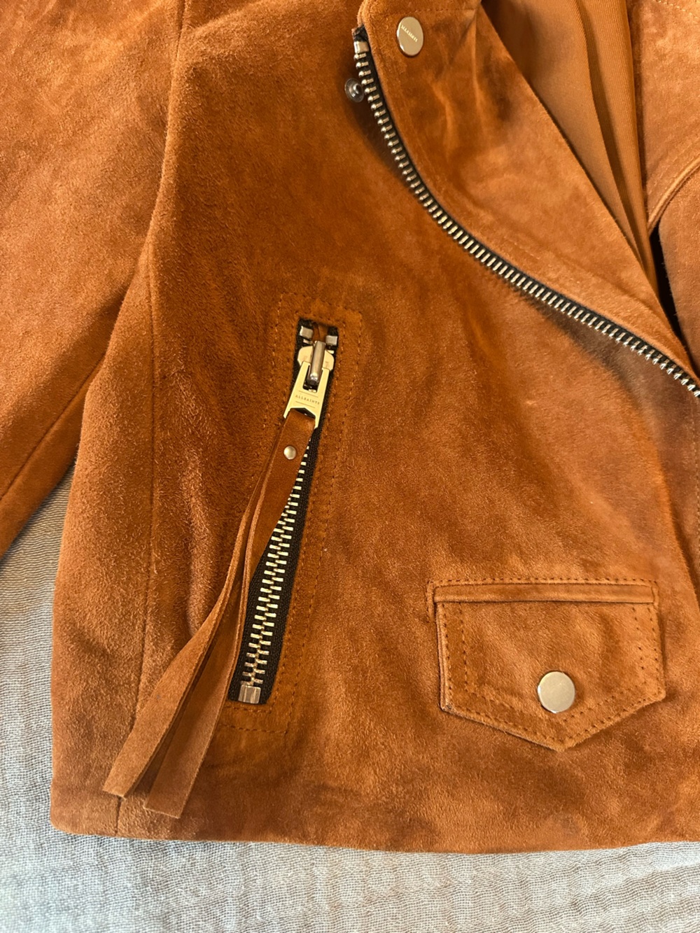 All Saints Elora Suede 100% Goat Suede Biker Moto Jacket Camel NWOT - Picture 6 of 8